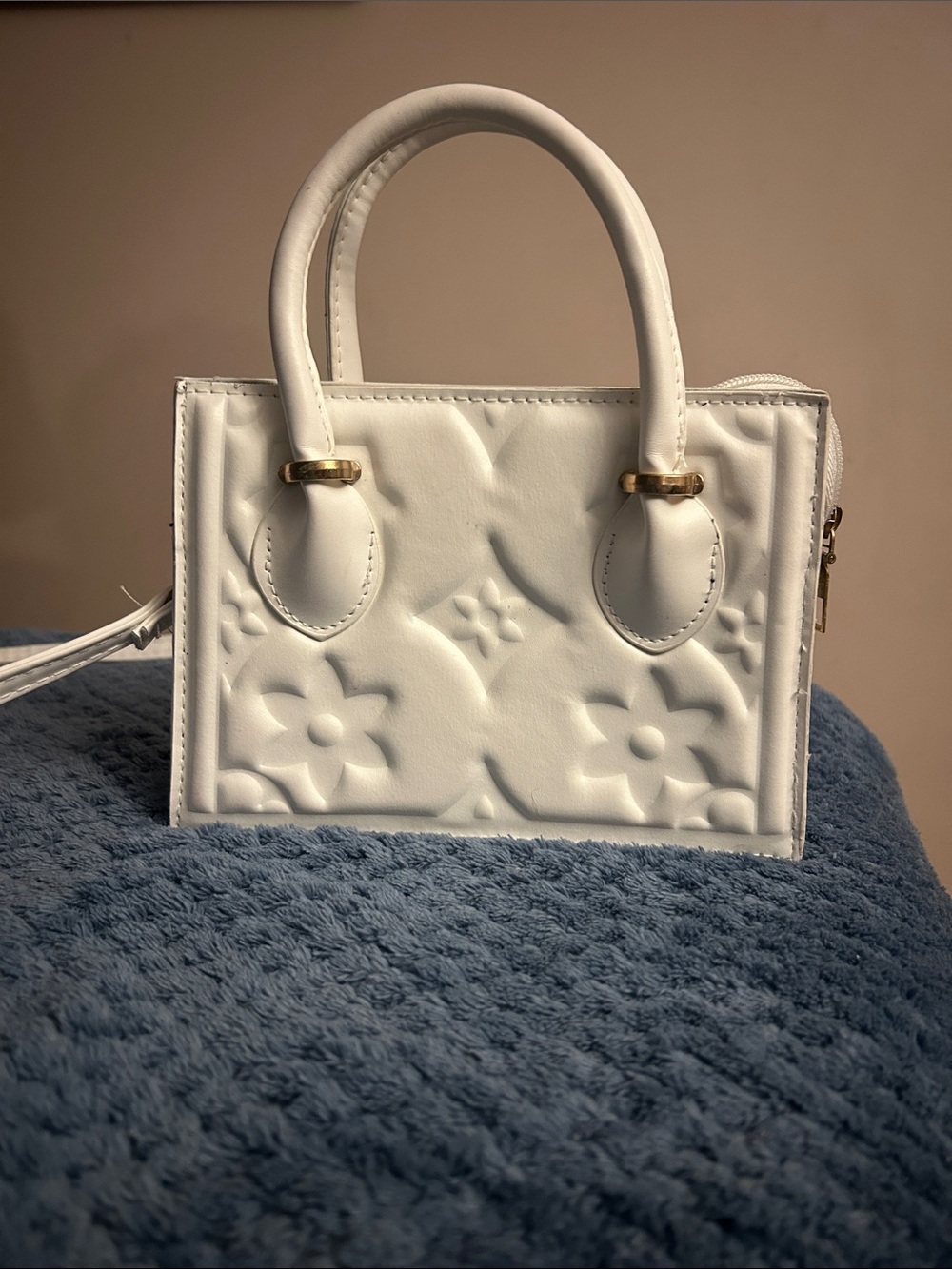White Embossed Floral Tote Handbag